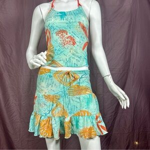 HIP UP Halter Crop Top & Ruffle Skirt Set Turquoise Orange